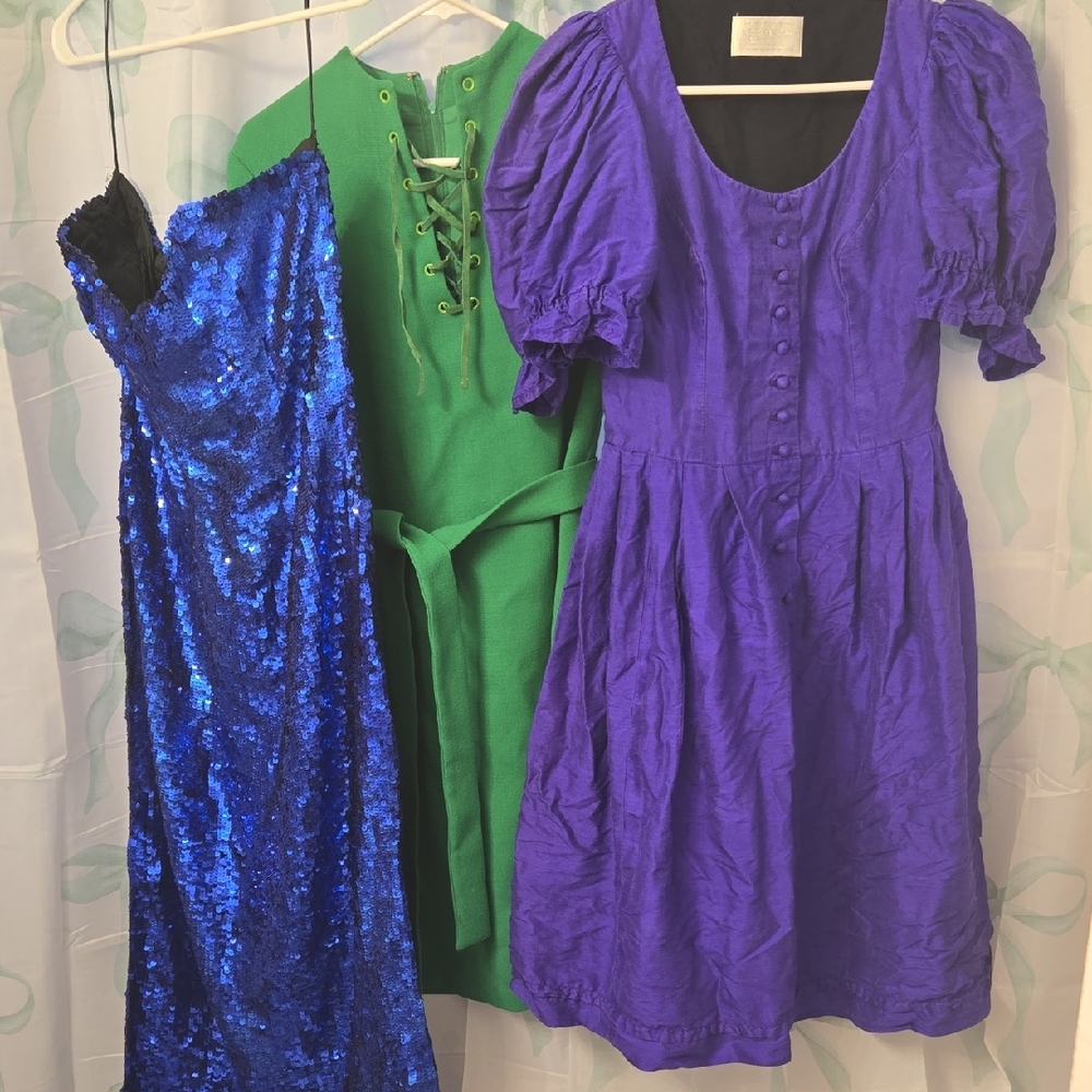 True Vintage Bundle 100 Silk Sequin Puff-Sleeve Dress Green Lace-Up